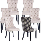 Modern Dining Chairs Set of 6, Tufted Upholstered Dining Chair with Solid Wood Legs, Two-Tone Velvet Accent Chair, Sillas de Comedor, Comfy Kitchen Chairs (Beige+Pattern, 6Pcs)