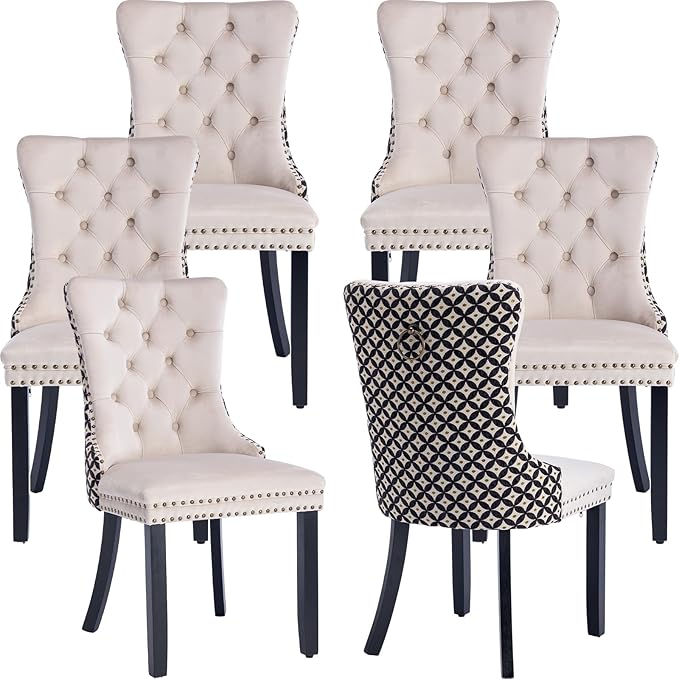 Modern Dining Chairs Set of 6, Tufted Upholstered Dining Chair with Solid Wood Legs, Two-Tone Velvet Accent Chair, Sillas de Comedor, Comfy Kitchen Chairs (Beige+Pattern, 6Pcs)
