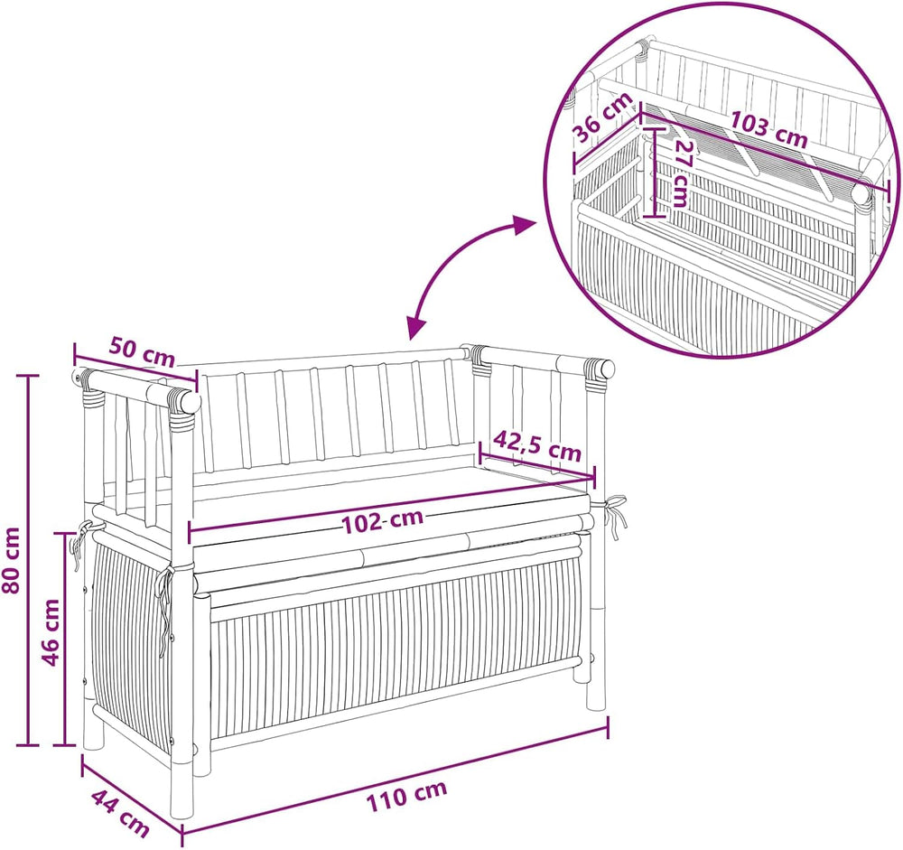 Bamboo Garden Storage Bench 110 x 47 x 80 cm, Outdoor Patio Seat with Hidden ...