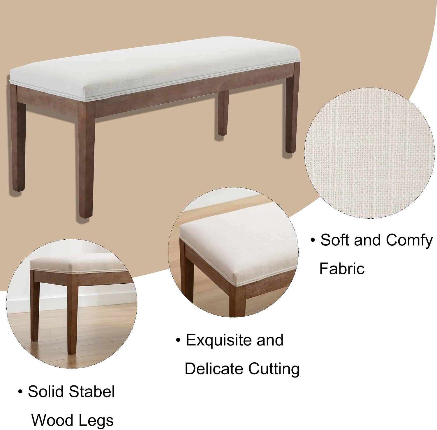 Linen Dining Bench Upholstered Entryway Bench Farmhouse Shoe Bench Seat Ottoman for Hallway Living Room Bedroom End of Bed Dining Room Kitchen, 45.5" Long, Beige