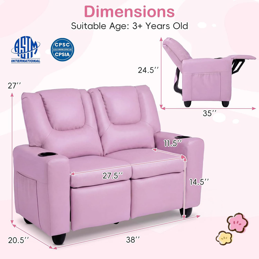 Costzon 2-Seater Kids Recliner, Double Toddler Sofa Chair w/2 Cup Holders & 2 Side Storage Pockets, PU Leather Kids Loveseat Couch w/Adjustable Backrest & Footrest for Girls & Boys 3+ Years Old