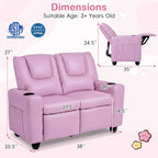 Costzon 2-Seater Kids Recliner, Double Toddler Sofa Chair w/2 Cup Holders & 2 Side Storage Pockets, PU Leather Kids Loveseat Couch w/Adjustable Backrest & Footrest for Girls & Boys 3+ Years Old