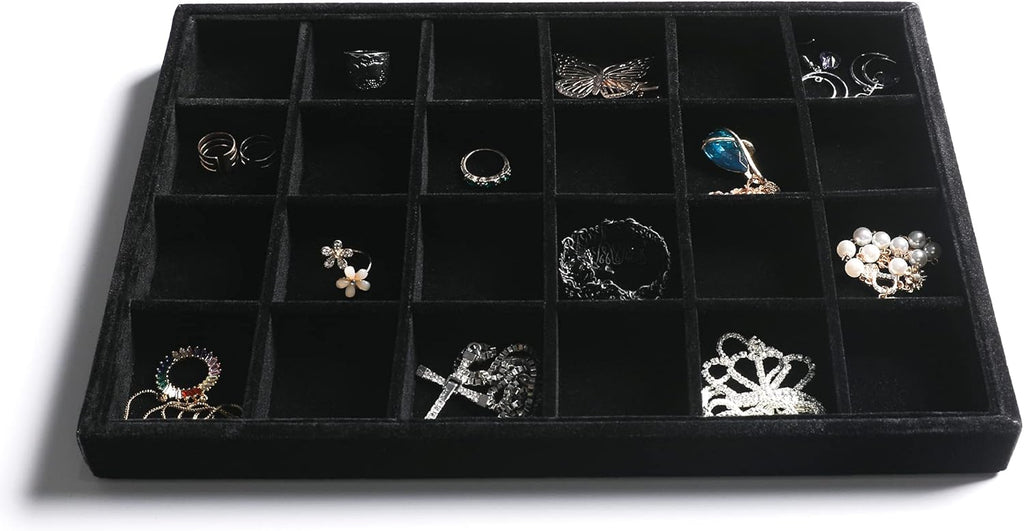 Frebeauty Stackable Velvet Jewelry Organizer Trays for Drawers Inserts Jewelry Storage Tray Display Case, Stud Earrings Bracelets Necklace Rings Accessories Trays for Women (Set of 2 Black)