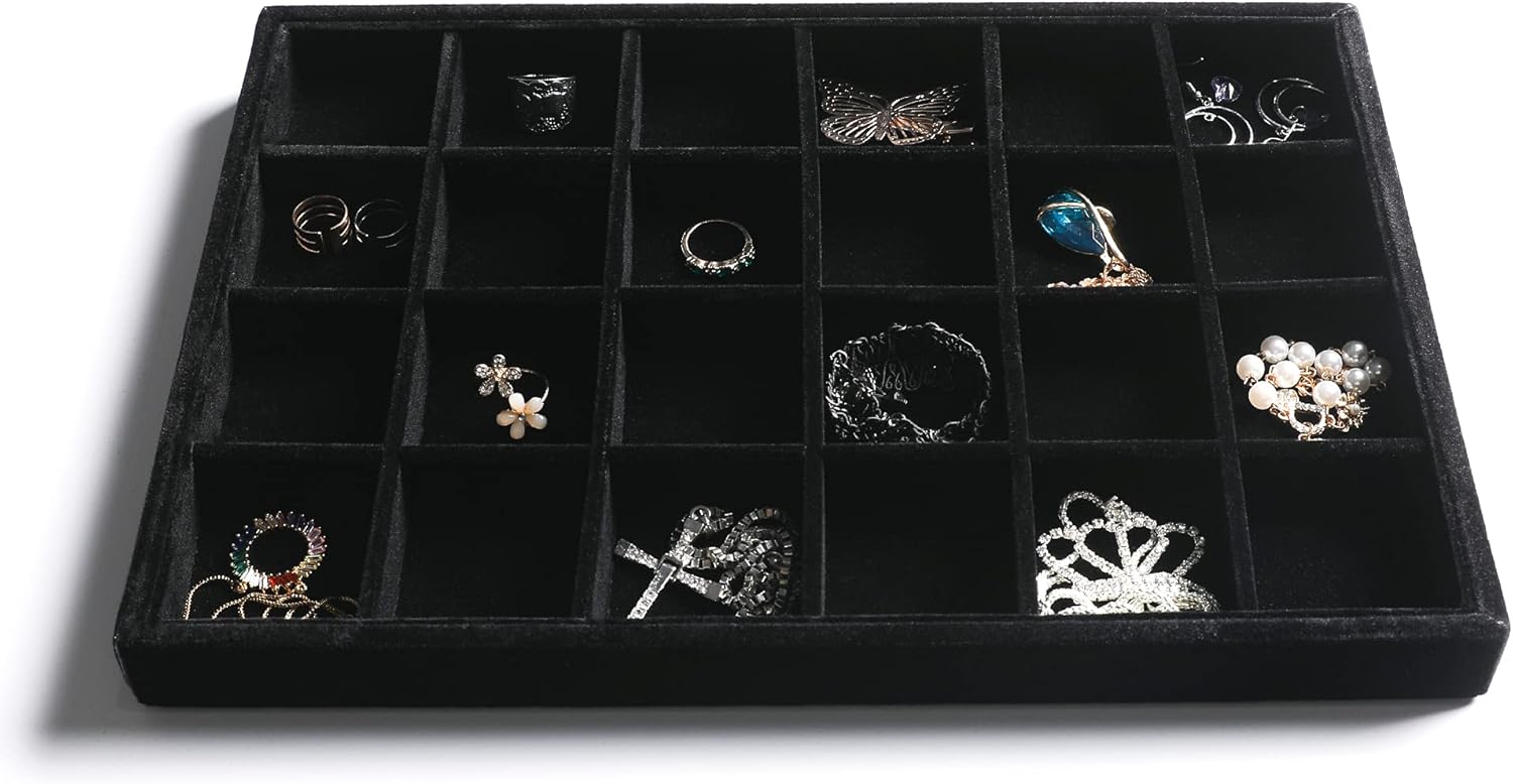 Frebeauty Stackable Velvet Jewelry Organizer Trays for Drawers Inserts Jewelry Storage Tray Display Case, Stud Earrings Bracelets Necklace Rings Accessories Trays for Women (Set of 2 Black)