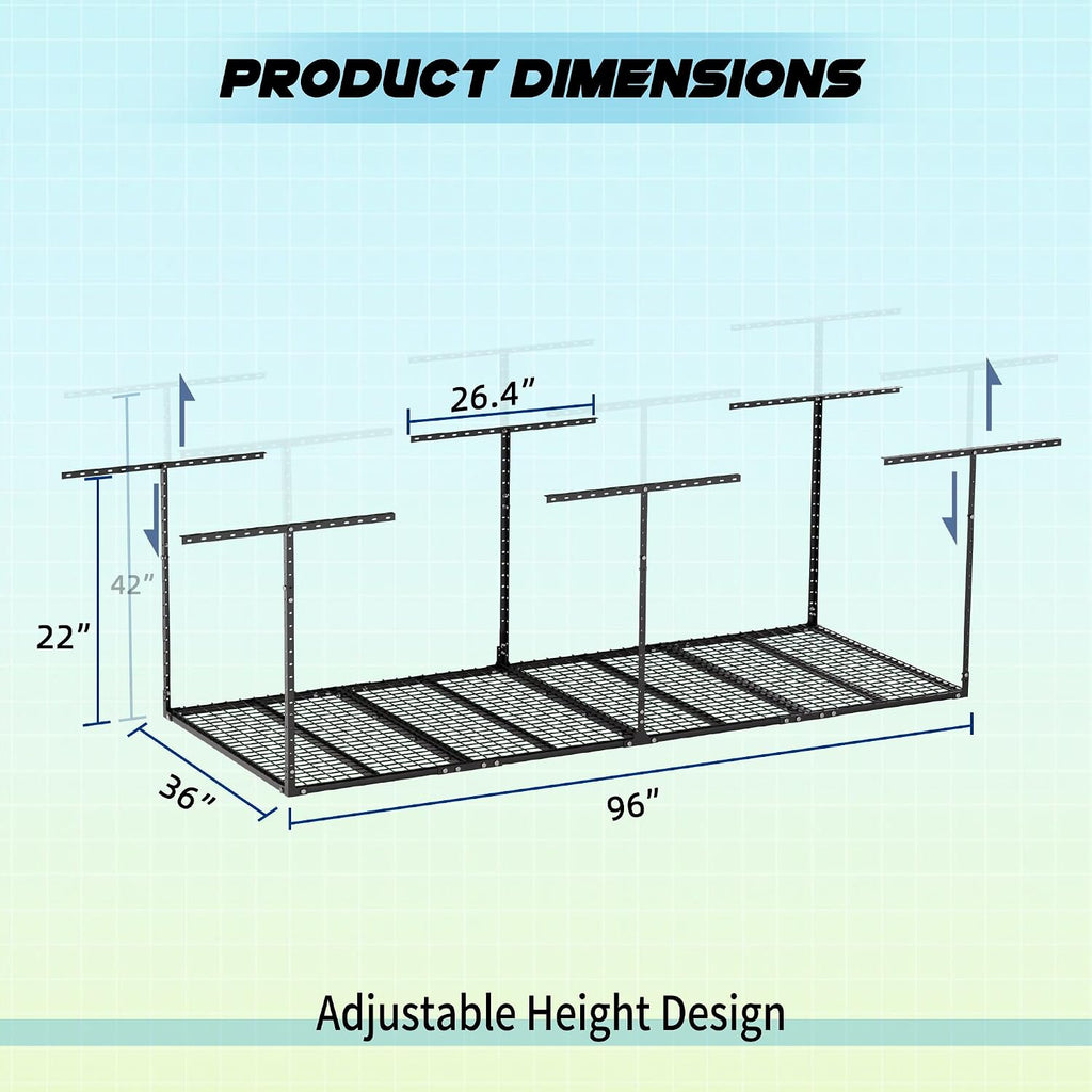 Overhead Garage Storage Rack, 3x8 FT Heavy-Duty & Height-Adjustable Design,600LB Rated for Home and Workshop Organization