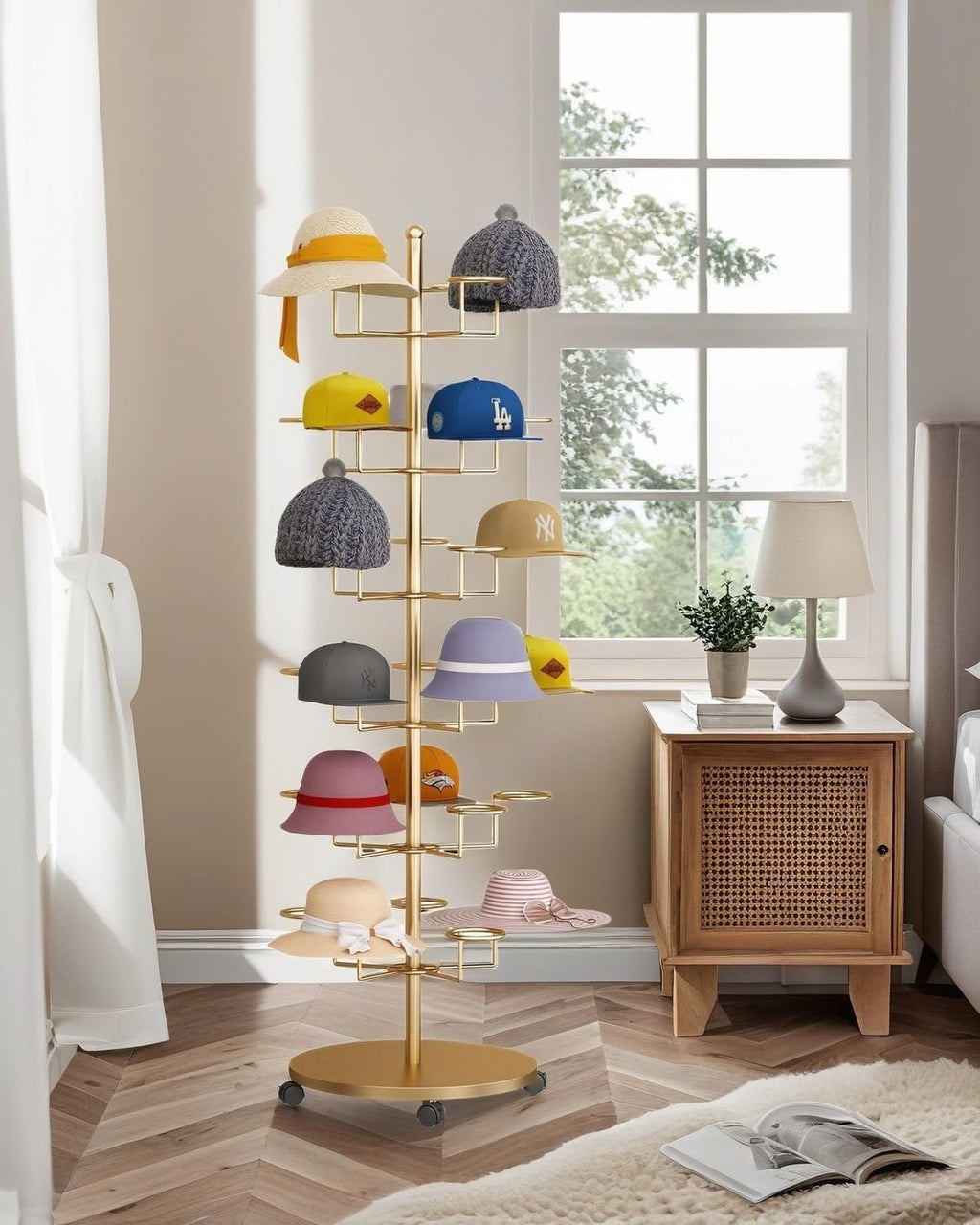 Hat Rack Stand 30-Hooks, Hat Display Stand Metal,Hat Display for Stores， Home or Store of Standing hat Rack(Gold,6th Floor)