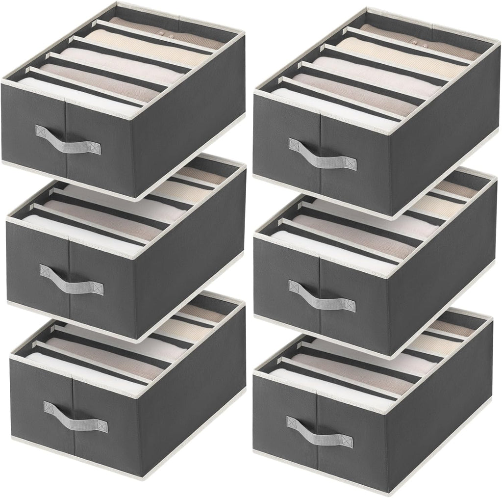 Clothes Organizers and Storage - Fabric Jeans Organizer with Handles, Foldable Drawer Dividers for Clothes, Closet Shelf Organizer for Shirts, Bra, Sweater, Scarf, 6 Pack, Dark Grey