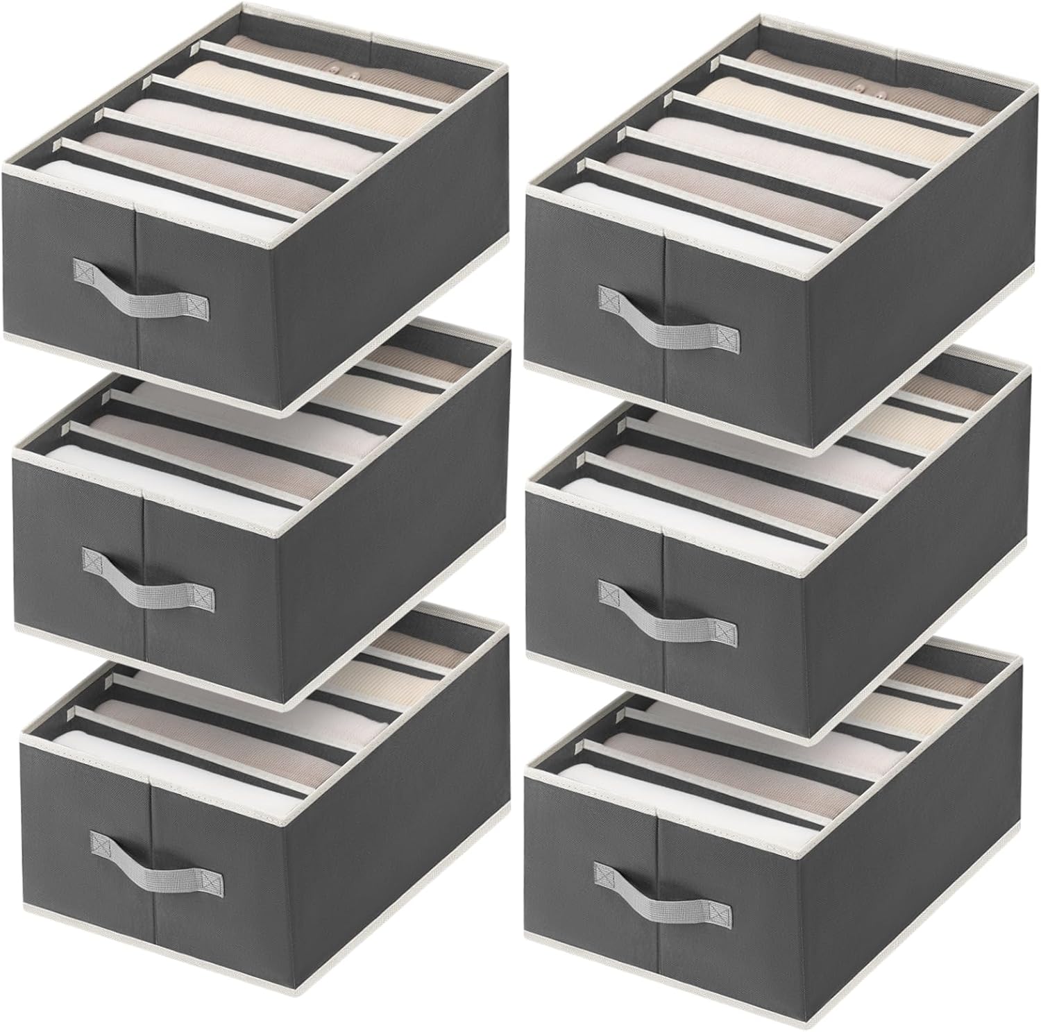 Clothes Organizers and Storage - Fabric Jeans Organizer with Handles, Foldable Drawer Dividers for Clothes, Closet Shelf Organizer for Shirts, Bra, Sweater, Scarf, 6 Pack, Dark Grey