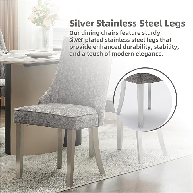 Dining Chairs Set of 6，Modern Channel Tufted Upholstered Dining Chairs with Silver Stainless Steel Legs, Comfortable Chenille Fabric Kitchen Chairs for Dining Room (Grey, 6pc)