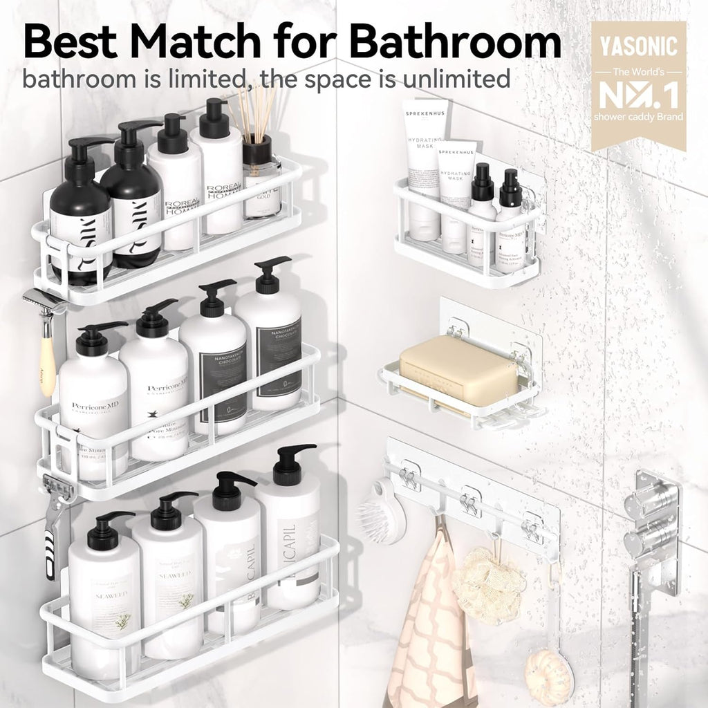 YASONIC Shower Caddy, Large Capacity Bath Organizer with Soap Holder and 12 Hooks, 6 Pack Rustproof Bathroom Shelves for Inside Shower, No Drilling&Sleek Bathroom Organizers and Storage White