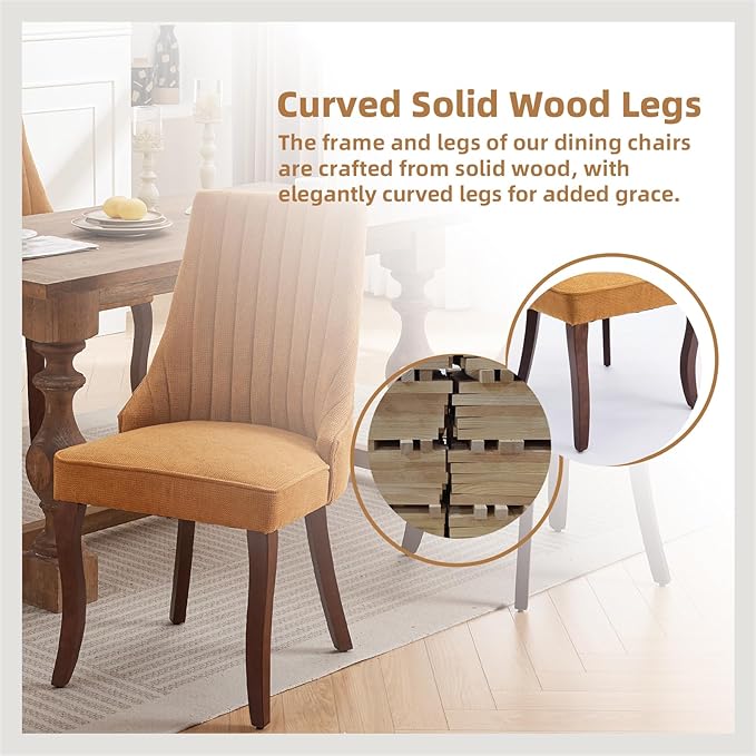 Dining Chairs Set of 2，Linen Channel Tufted Kitchen Dining Room Chair with Curved Solid Wood Legs, Comfortable Fabric Upholstered Dining Chair for Dining Room, (Gold, 2pc)