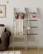 Blanket Ladder for Living Room, Decorative Quilt Rack with 4 Removable Hooks, 5-Tier Farmhouse Ladder Holder Shelf Organizer for Bedroom, Greige and Black BR02105B