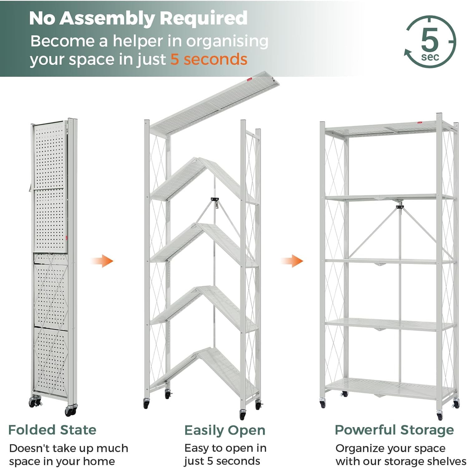 DEANIC 5 Tier Foldable Storage Shelves with Wheels, Large Capacity Shelving Unit, Freestanding Metal Wire Shelf Rack, No Assembly Organizer Rack for Garage Kitchen, Basement, Pantry(Grey Pack of 3)