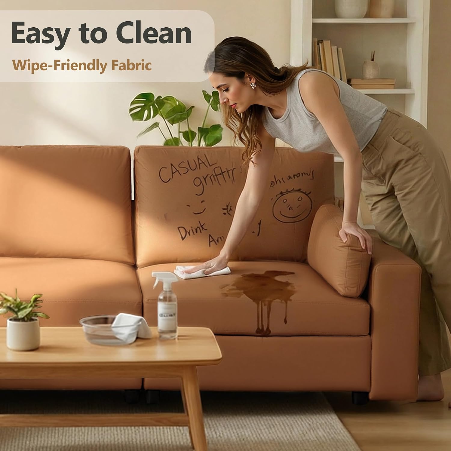 Leather Sectional Sofa, 78" Oversized Loveseat Couch with Storage, Deep Seat Scratch Resistant Faux Leather, Wide Vegan Leather Sofa, (Brown, Loveseat + Ottoman)