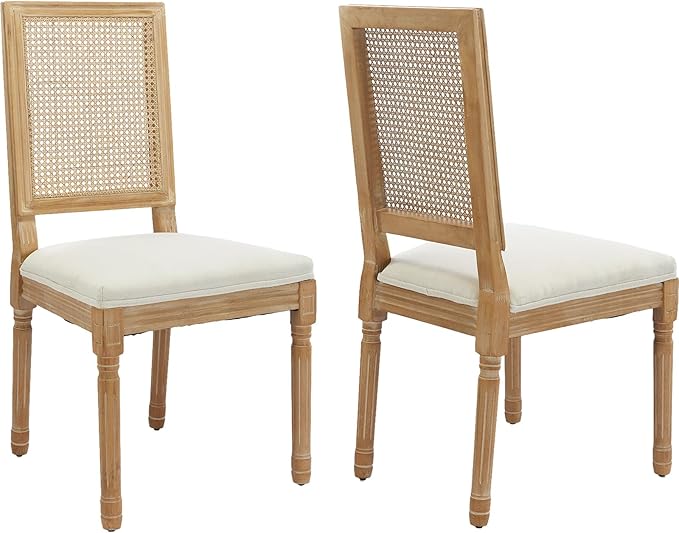 French Country Dining Chairs Set of 2, Cream Kitchen & Dining Room Chairs Set of 2, Ivory Rattan Dining Chairs, Cane High Back, Wood Legs, Sillas De Comedor (Rattan, Beige, 2Pcs)