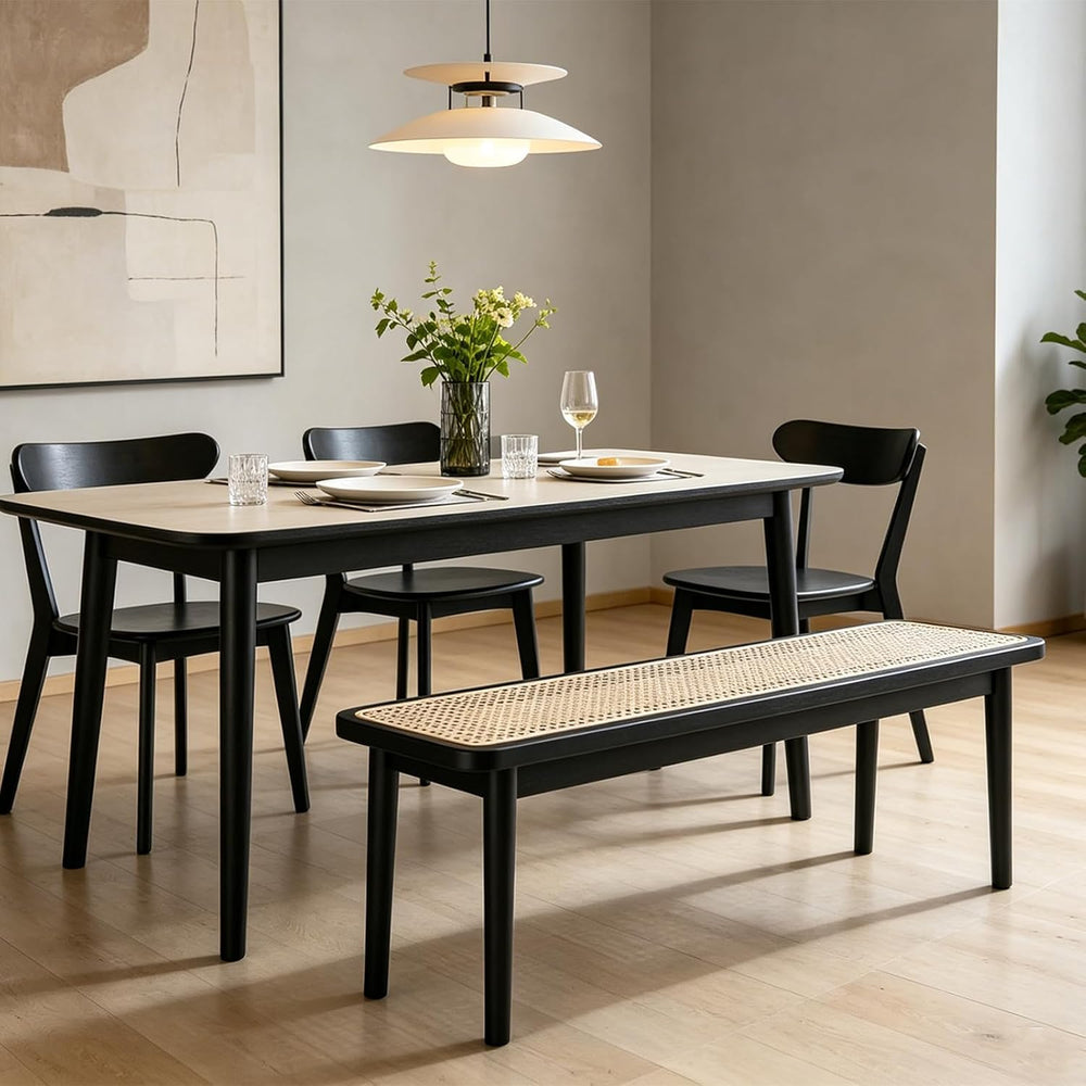 47 Inch Black Dining Bench, Solid Oak Frame | Narrow Black Rattan Bench with ...
