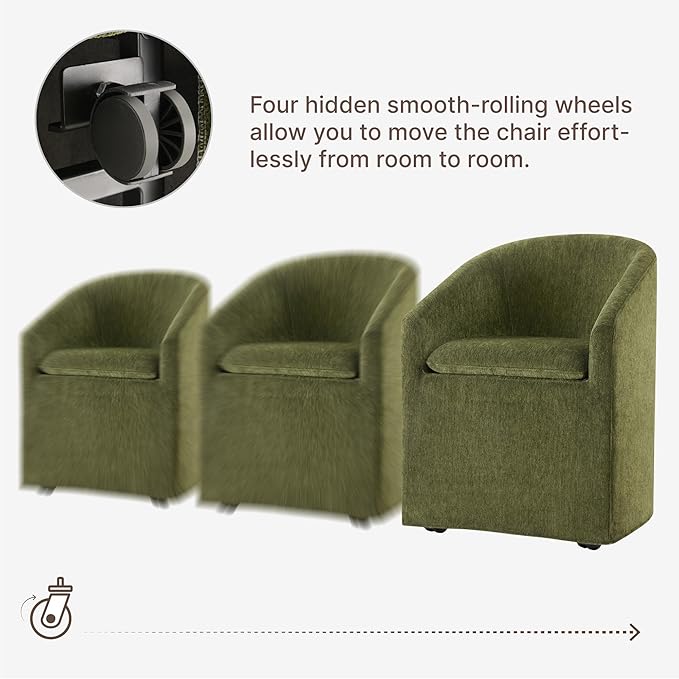 Upholstered Dining Chairs with Casters, Washable Cover Modern Dining Room Chairs with Barrel Backrest & Armrest, Vanity Chair with Wheels for Kitchen, Living Room, Bedroom, Green Fabric, 1PCS