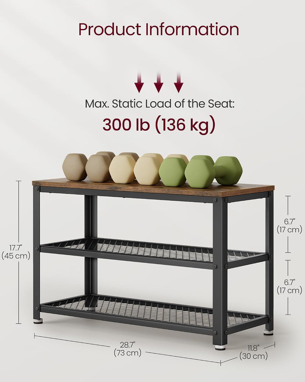 VASAGLE 3-Tier Shoe Rack, Shelf Storage Bench with Metal Mesh Shelves and Sea...