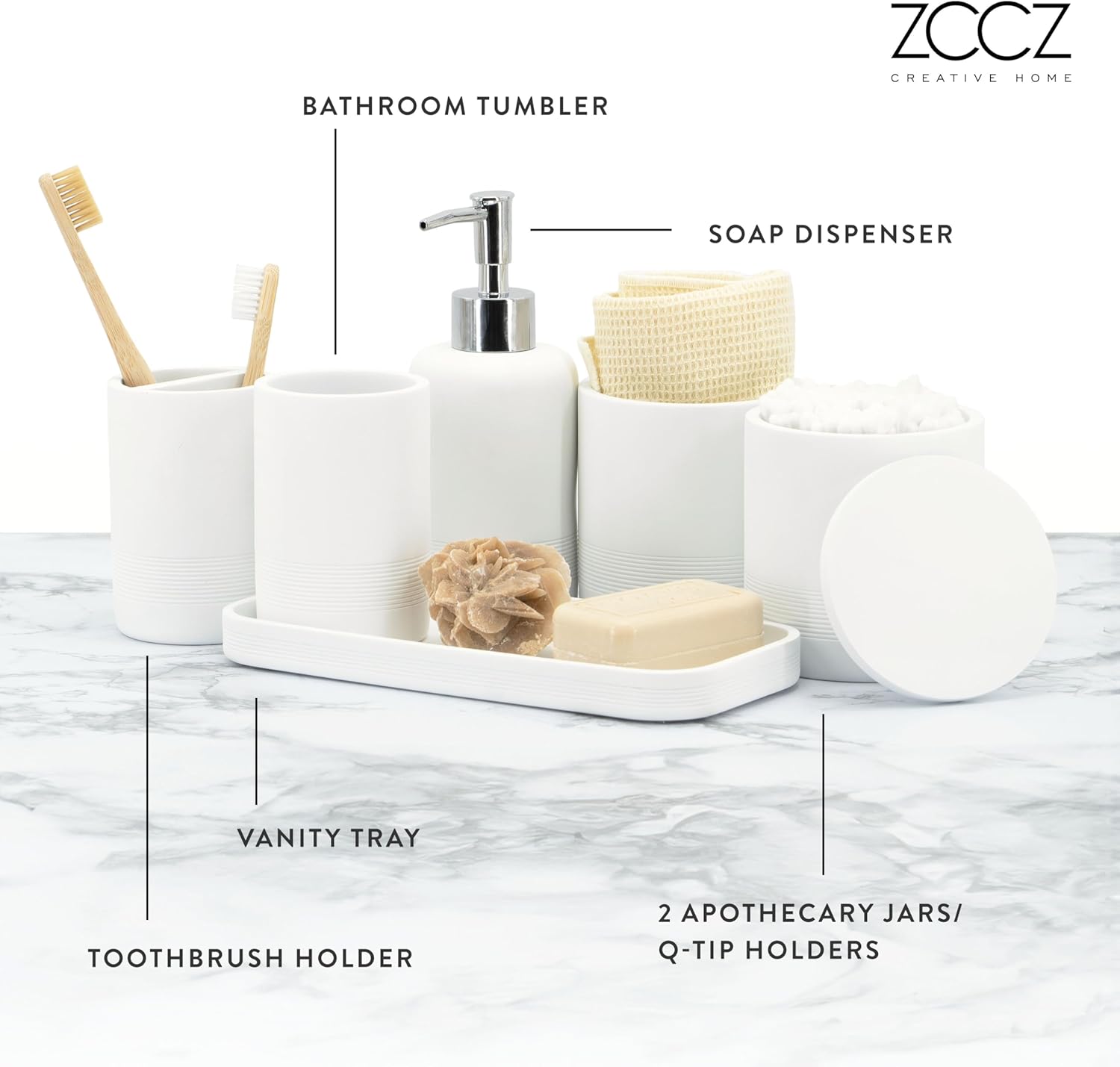ZCCZ White Bathroom Accessories Set 6 Pieces - Toothbrush Holder, Lotion Dispenser, Qtip Container, Vanity Tray, Tumbler - Countertop Organizer for Bathrooms - Elegant and Functional Décor Set