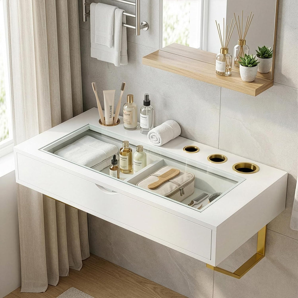 Floating Makeup Vanity Table, 31 inch Wall Mounted Desk for Bedroom, White | ...