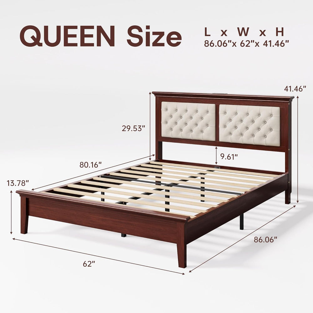 Lifezone Solid Wood Queen Bed Frame 41.5” Tall Diamond-Tufted Upholstered Hea...