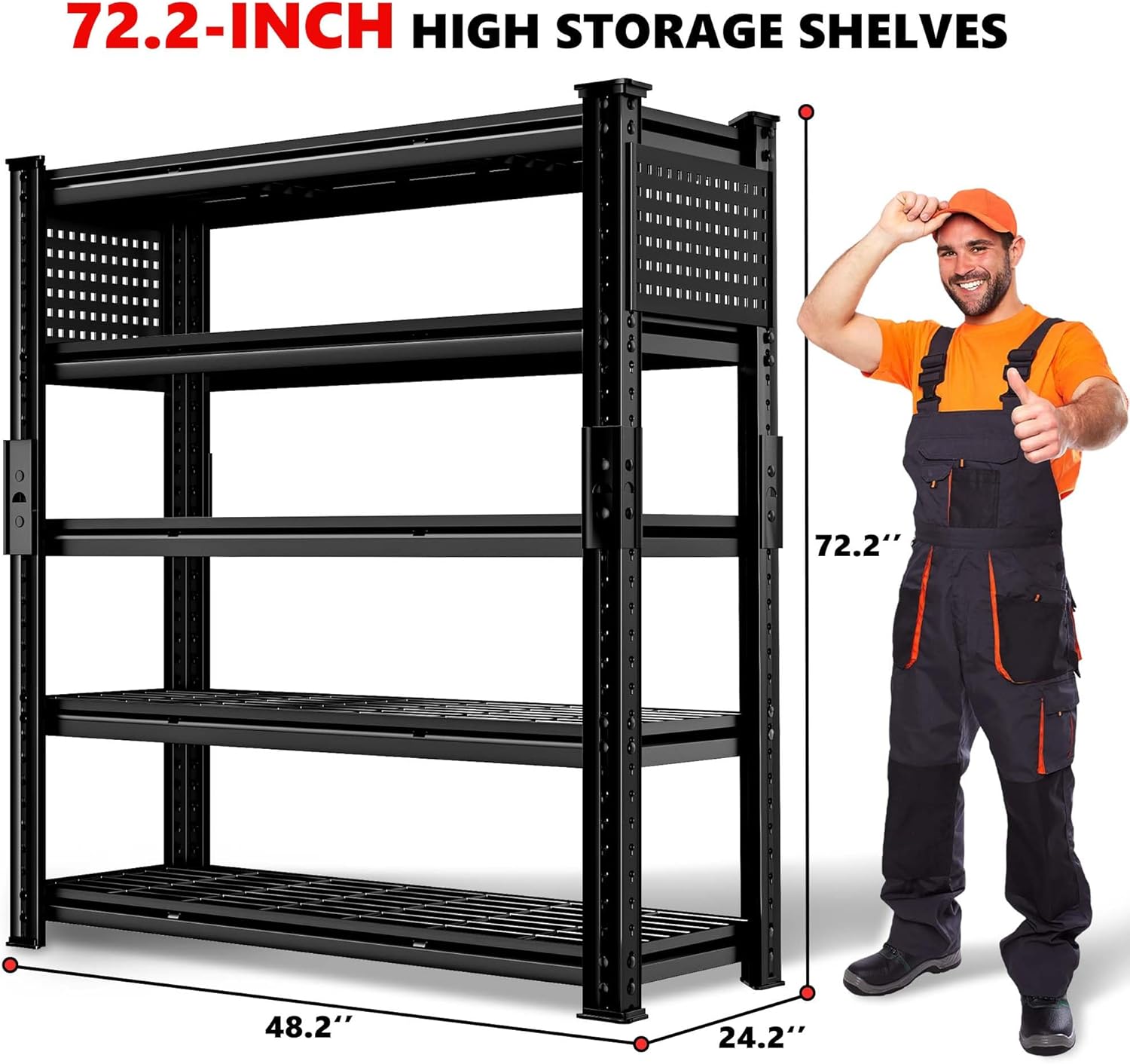 SILVEL 48.2" W Garage Shelving, 5000LBS Heavy Duty Metal Shelving, 2025 Grid Storage Shelves with 2 Side Pegboards, Industrial 5 Tier Shelves for Basement Pantry Warehouse Supermarket, 10 Pack