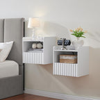 Modern Fluted Floating Nightstand Wall Mounted Set of 2- Bedside Table with Storage Drawer & Display Shelf, Minimalist Bedroom Furniture for Studio Apartments (Matte White)