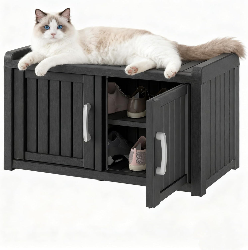 NUNU LAB Outdoor Storage Bench with 2 Barn Doors - Waterproof UV-Resistant Sh...