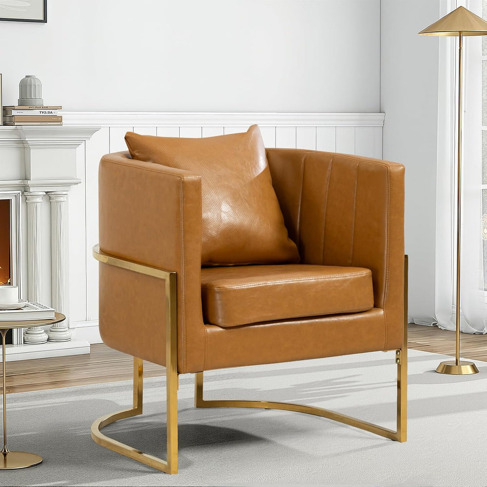 Leather Accent Chairs Set of 2, Mid Century Modern Upholstered Barrel Armchai...