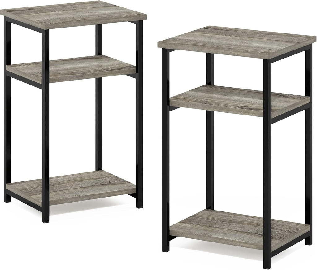 Furinno JUST 3-Tier Telephone Table Set of 2, Modern Metal Frame Side Table with Open Shelf, Night Stand, Bedside Table, Easy Assembly,for Living Room, Bedroom, Grey Oak