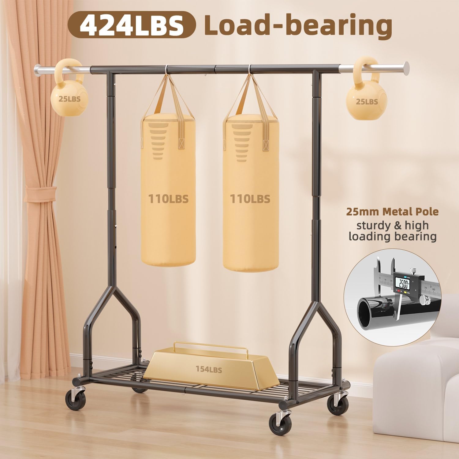 EAGMAK Heavy Duty Clothes Rack Load 424 LBS, Rolling Clothing Rack With Shelves, Adjustable Metal Clothes Hanger with Wheels, Portable Wardrobe Organizer Garment Rod for Hanging Clothes (Black)