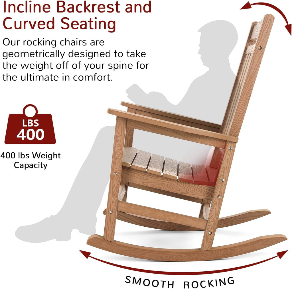 Stoog Patio Rocking Chairs Set of 2, All-Weather Outdoor & Indoor Porch Rocker with 400 lbs Weight Capacity, Front Porch Rocker Chairs Looks Like Real Wood, Teak