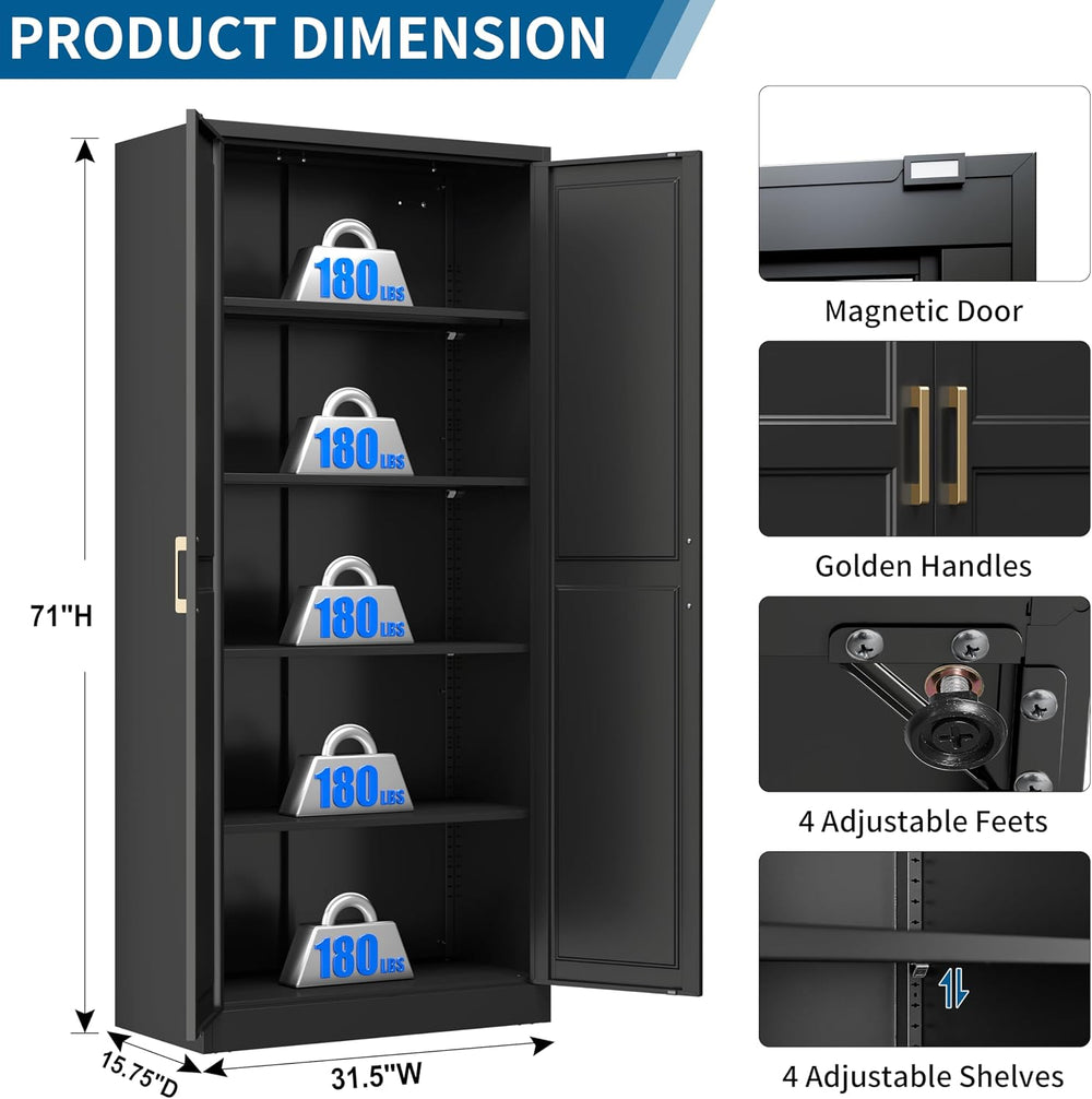 71" Black Metal Storage Cabinet with Doors, Heavy Duty | Freestanding Cu...