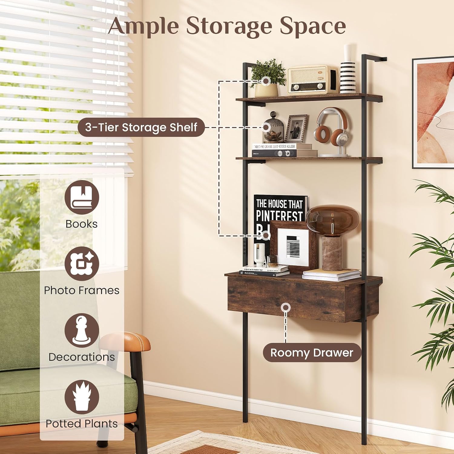 Giantex 4-Tier Ladder Bookshelf Set of 2, Wall Mounted Storage Shelf | Industrial Open Display Shelf w/2 Anti-Tipping Kits, Drawer & Metal Frame, Compact Storage Organizer for Living Room, Office