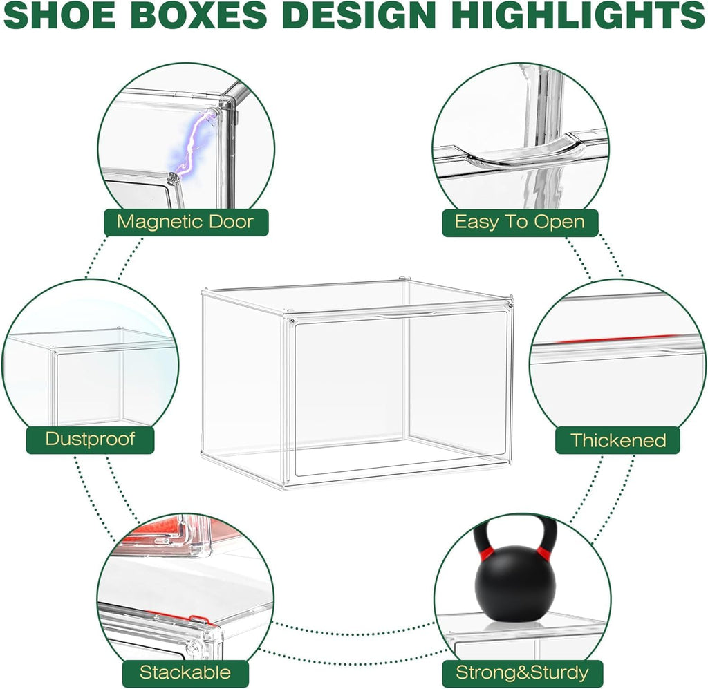 6 Pack X-Large Acrylic Display Case, Size 14 Clear Shoe Box Stackable Sneaker Display Case with Magnetic Lid Multipurpose Storage Bin for Closet for Purses, Handbags, Cosmetics, Collectibles