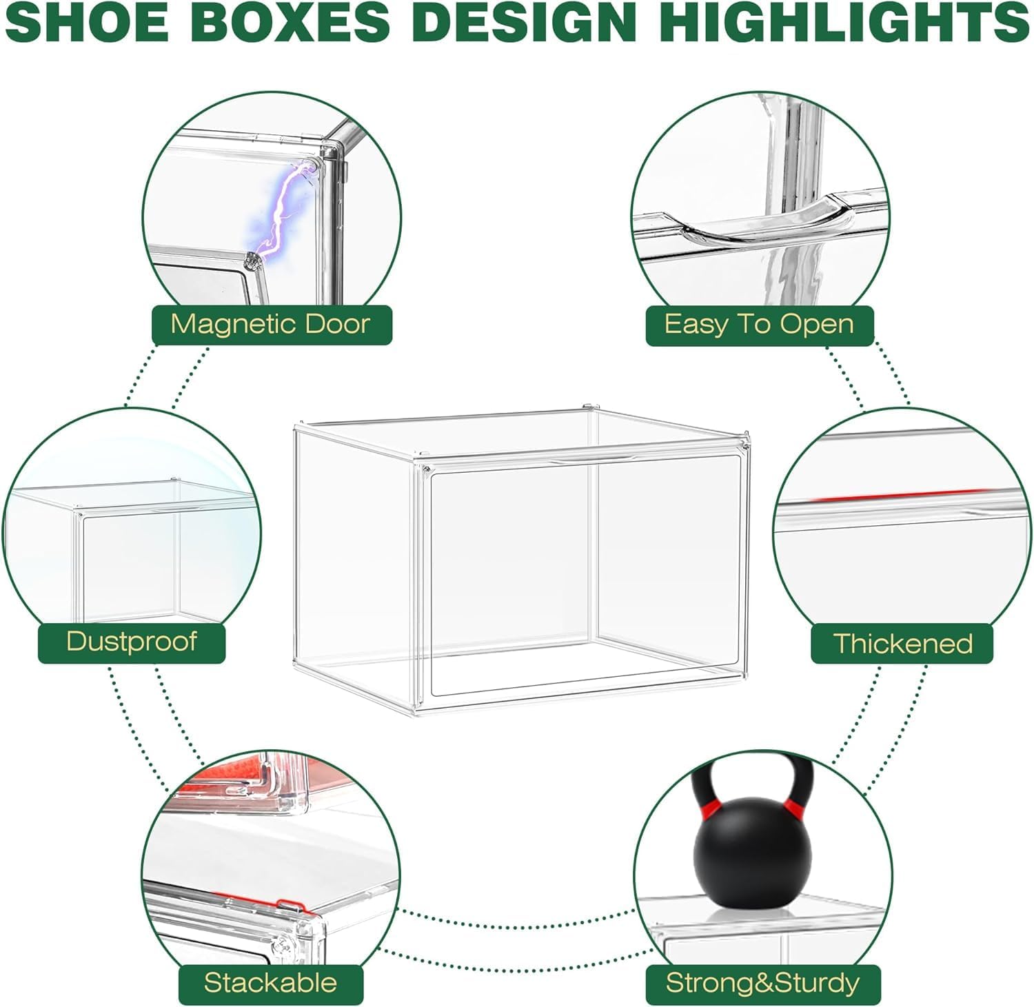 6 Pack X-Large Acrylic Display Case, Size 14 Clear Shoe Box Stackable Sneaker Display Case with Magnetic Lid Multipurpose Storage Bin for Closet for Purses, Handbags, Cosmetics, Collectibles