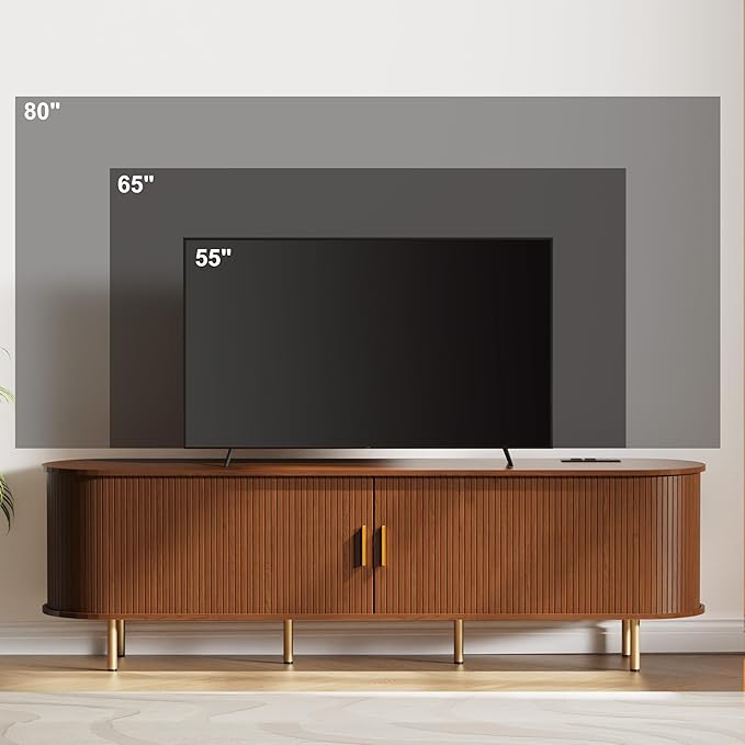 DHH 70.8 Inch Mid Century Modern TV Stand with Power Outlet for TVs up to 80 Inch, Entertainment Center with Storage and Adjustable Shelves, Media Console with Sliding Doors for Living Room(Walnut)