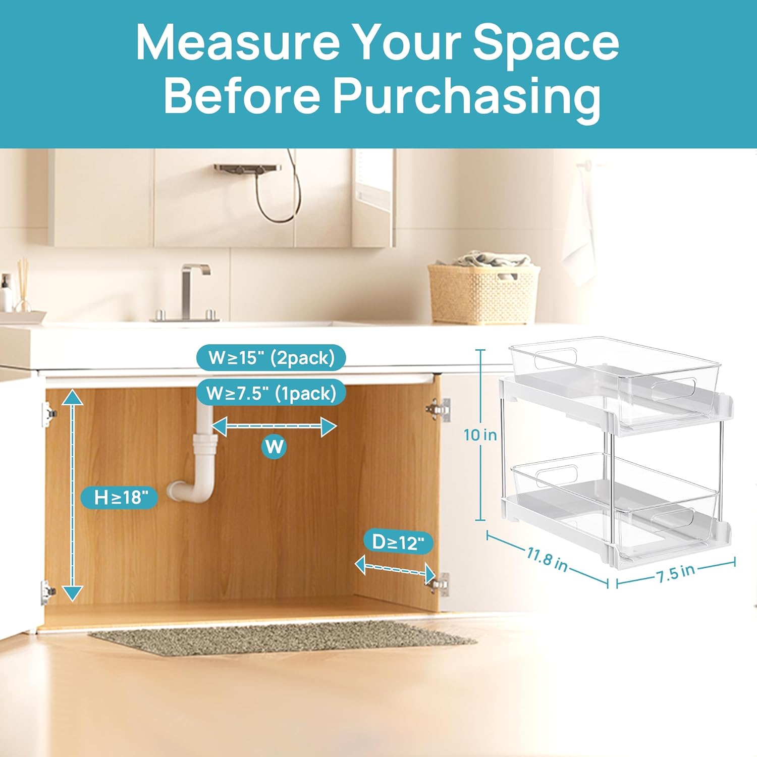 Vtopmart 2 Pack Bathroom Organizer, 2 Tier White Under Sink Organizers Vanity Countertop Storage Container,Cabinet Drawers Bins, Pull-Out Organization with Track for Pantry, Kitchen