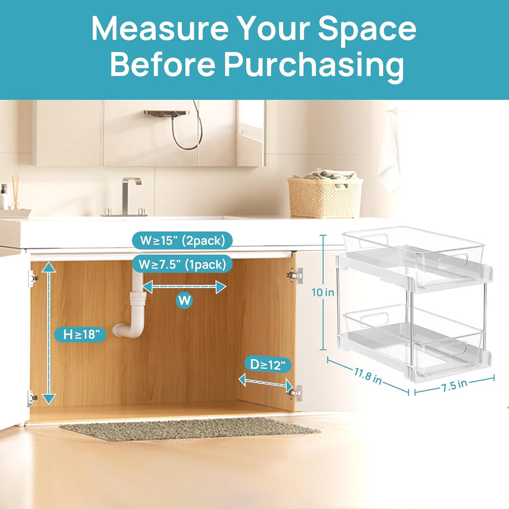 Vtopmart 4 Pack Bathroom Organizer, 2 Tier White Under Sink Organizers Vanity Countertop Storage Container,Cabinet Drawers Bins, Pull-Out Organization with Track for Pantry, Kitchen