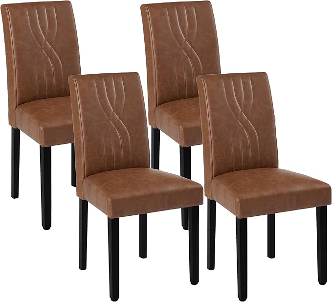 VECELO Upholstered Dining Chairs Set of 4, Modern PU Leather and Solid Wood Legs & High Back for Kitchen/Living Room- Brown