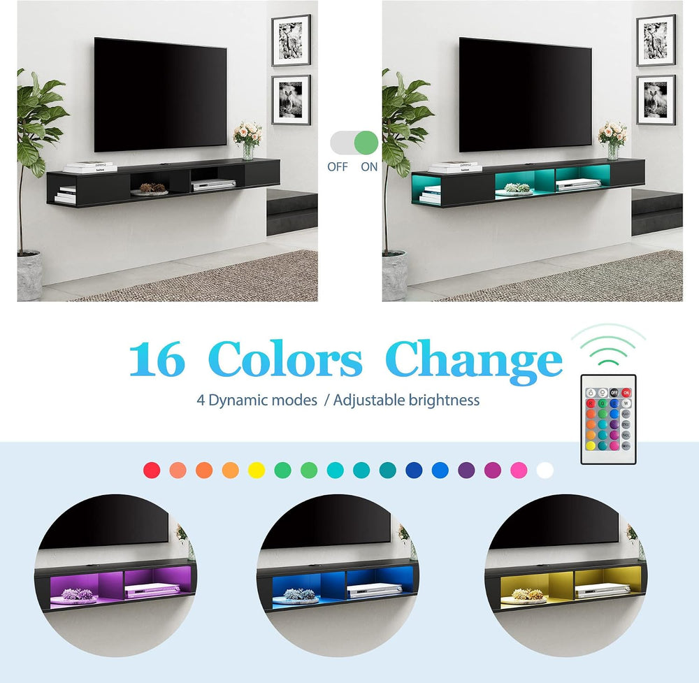 WAMPAT Floating Entertainment Center for 80 Inch TV, Black | Wall Mounted wit...