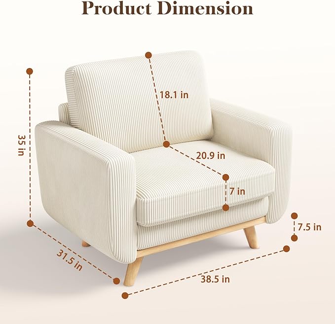 Vesgantti 38.5" Accent Chair Beige, Comfy Corduroy Single Sofa Seat with Spring Cushion, Upholstered Armchair with Deep Seat, Reading Chair for Adults, Modern Sofa for Living Room, Bedroom