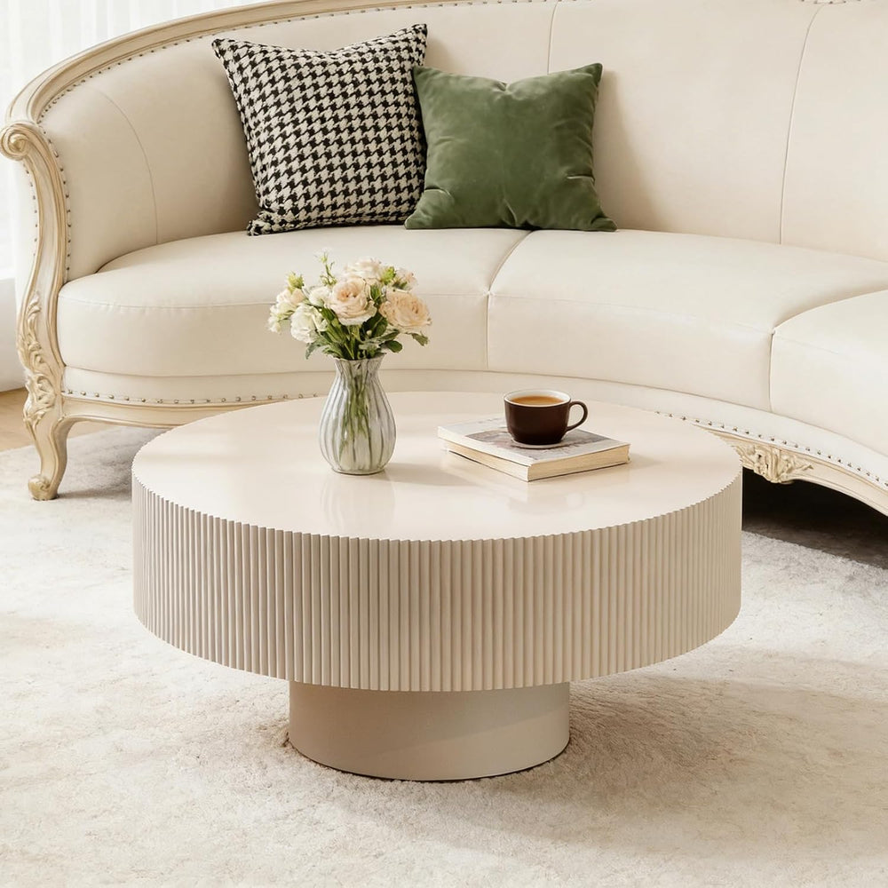Round Drum Coffee Table with Sturdy Pedestal, Modern Wooden Fluted Coffee Tab...