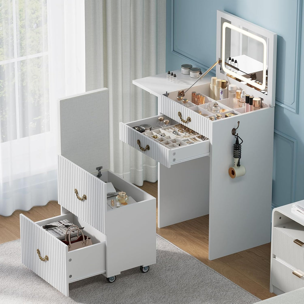 FURSUN 3-in-1 Vanity with Flip Mirror & Lights, Fluted Compact Vanity Tab...