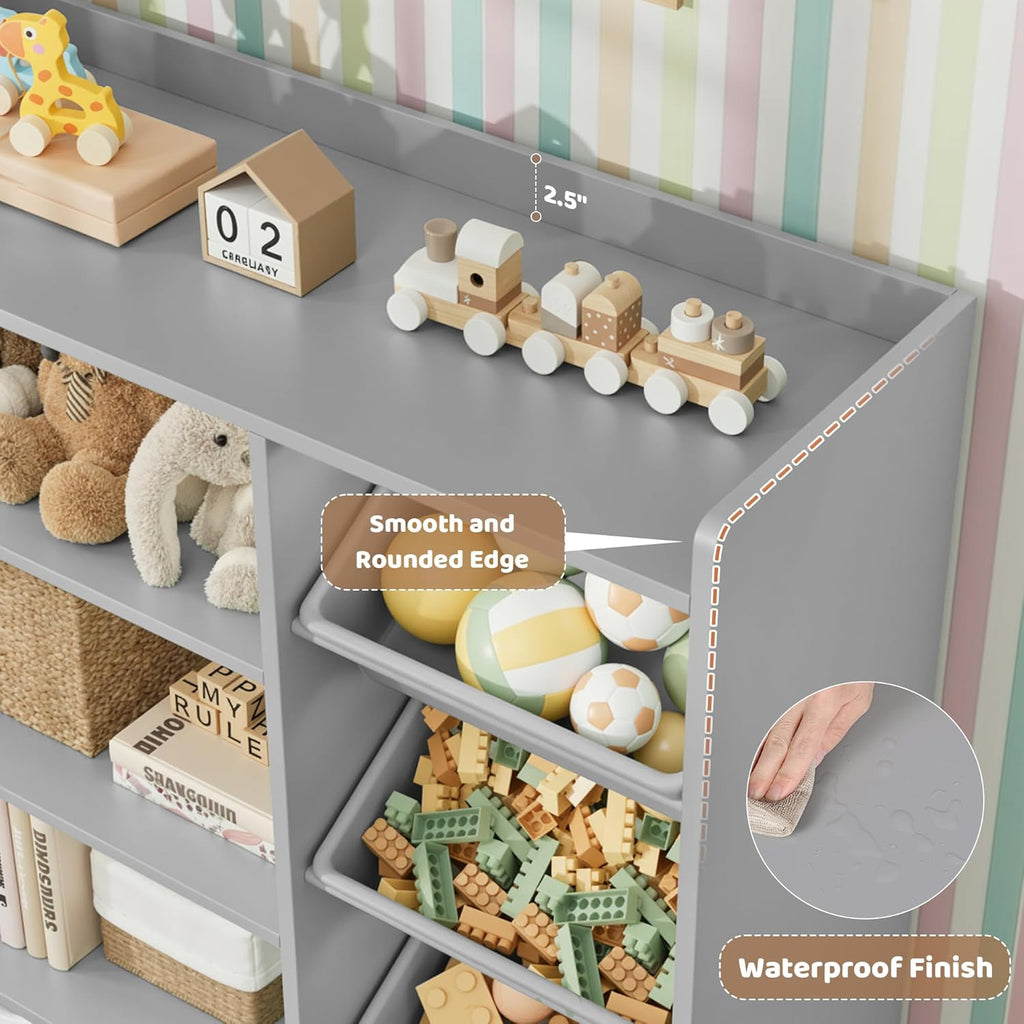 HITHOS 55" W Kids Toy Storage Organizer, Large Toy Box with Bookshelf, Toy Chest with 3 Cubes Storage Organizer, 6 Toy Organizers and Storage Bins, 4 Rolling Drawers for Kids Room, Playroom, Gray
