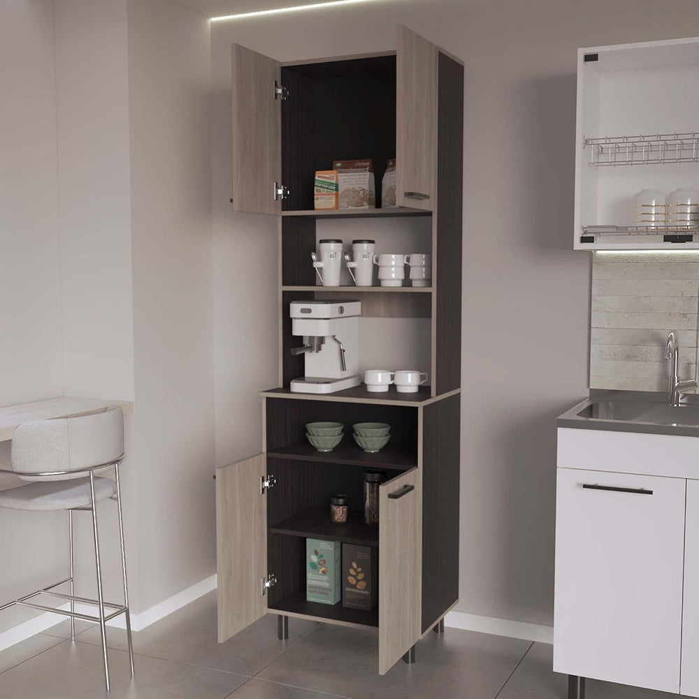 White Oak and Wengue Kitchen Pantry with Open Storage and 4 Doors | Combines ...
