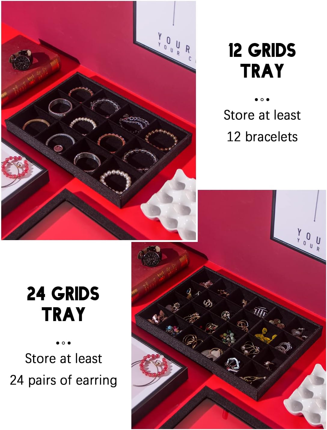 Julysky 5 Pcs/set Stackable Jewelry Organizer Trays with Glass Lid,100 Slots Ring Holder,Bracelet Displays Stand for Selling Necklace Earring Rack