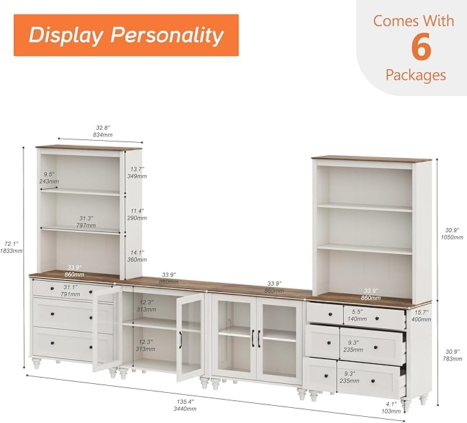 WAMPAT Entertainment Center with Bookshelves with Glass Doors & Drawer, Farmhouse Wall Unit TV Stand for TVs up to 75", Media Console Table for Living Room, Bedroom & Home Theater, White