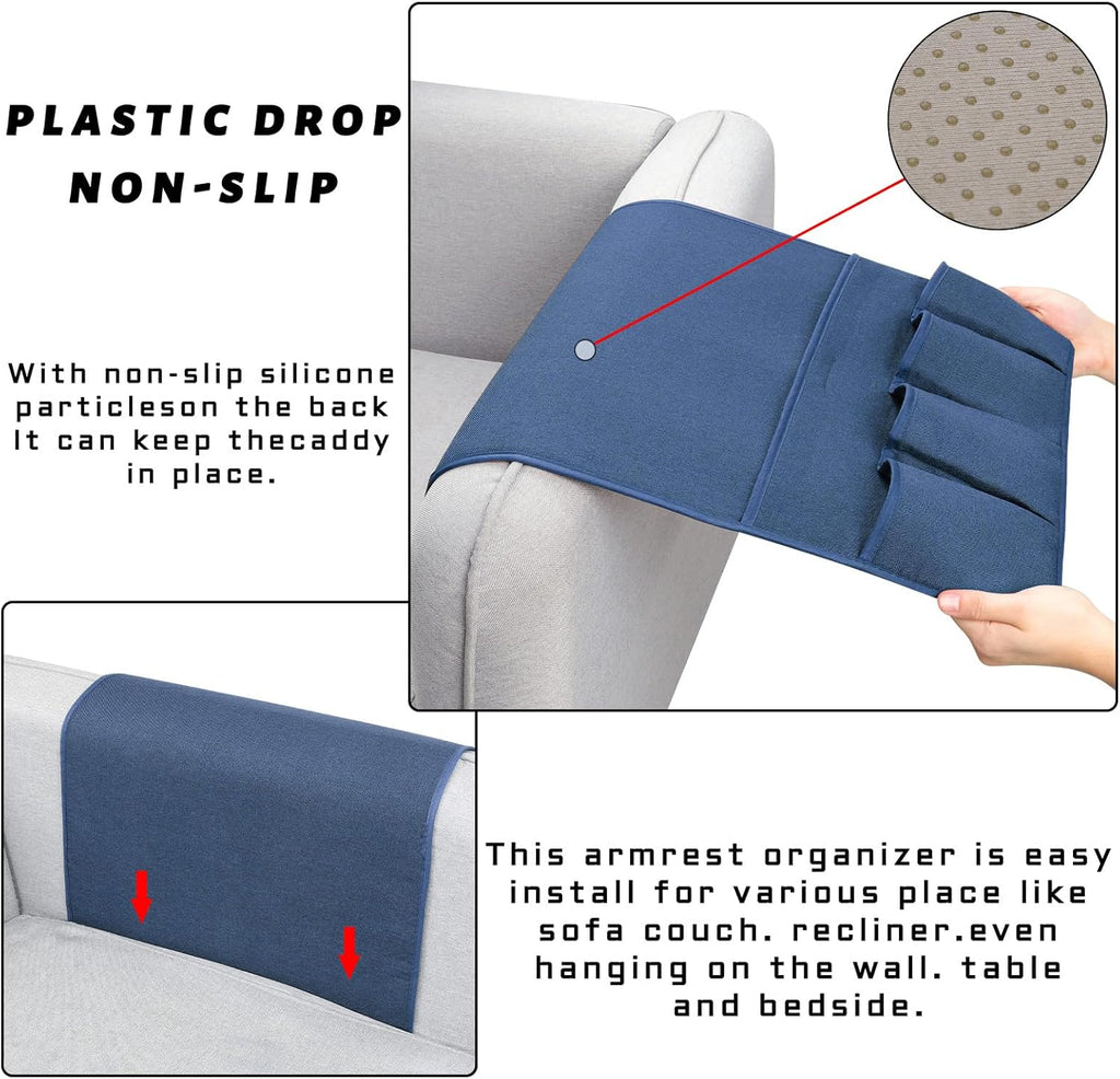 NB Sofa Armrest Organize remote holder bedside caddy organizer with 5 pockets，non-slip couch remote control holder couch armchair caddy accessories (Blue, 35''x18'')