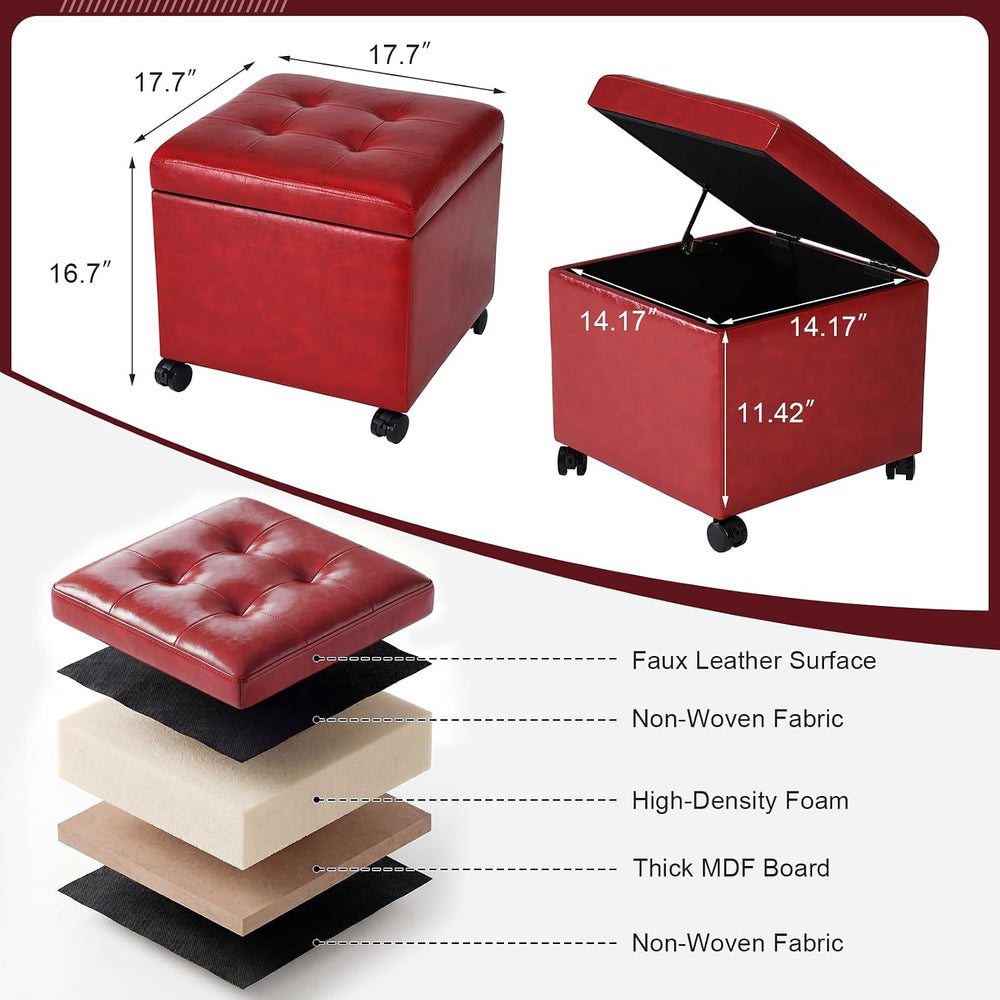 Homebeez Storage Ottoman with Rolling Wheels, PU Leather Tufted Cube Footrest...